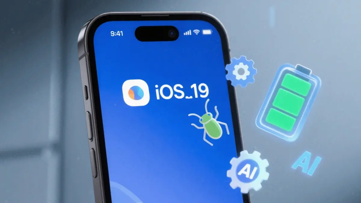 Smartphone con logo iOS 19 su sfondo stilizzato